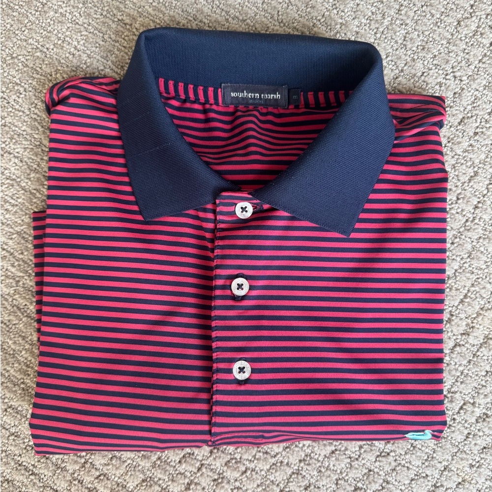 Southern Marsh Navy and Red Striped Polo Shirt